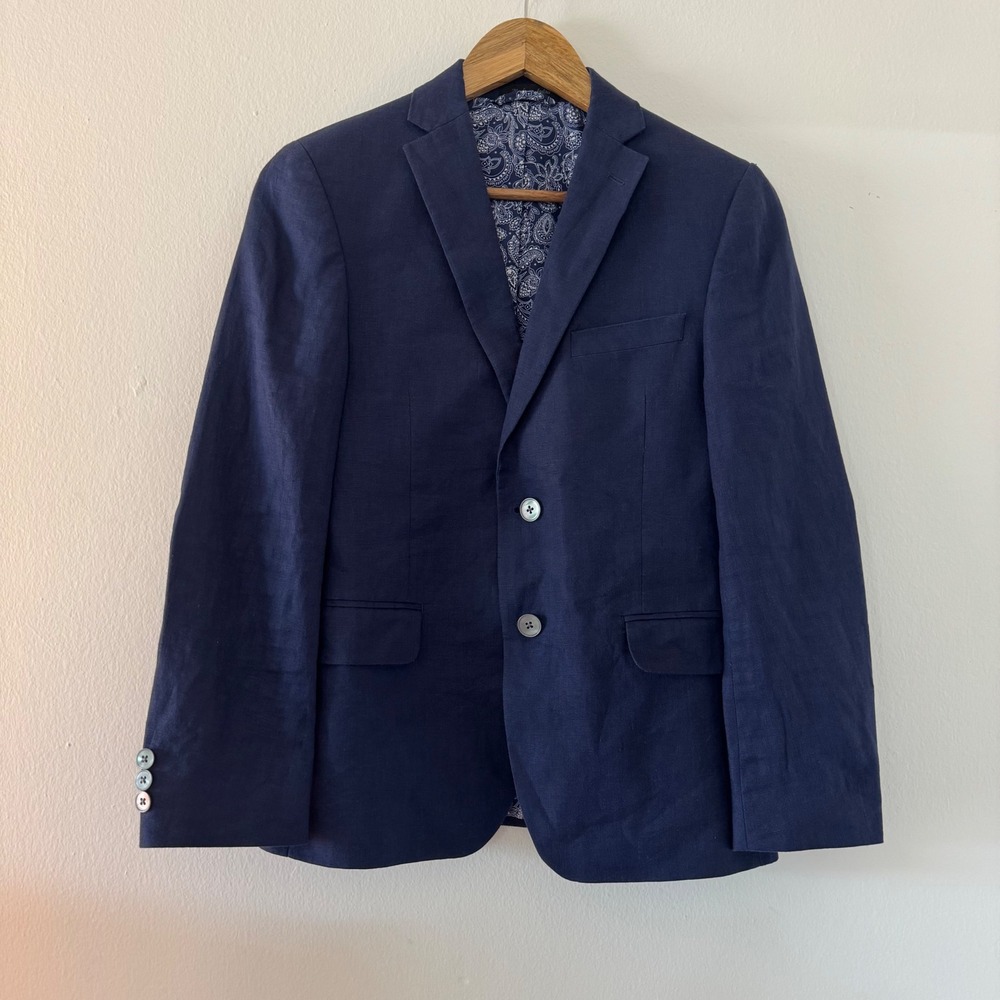 Lauren Ralph Lauren 100% Linen Navy Blue Blazer Paisley Youth Boy 14R Wedding